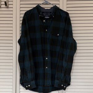 90’s Tommy Hilfiger Custom Fit Brown and Blue Plaid Shirt